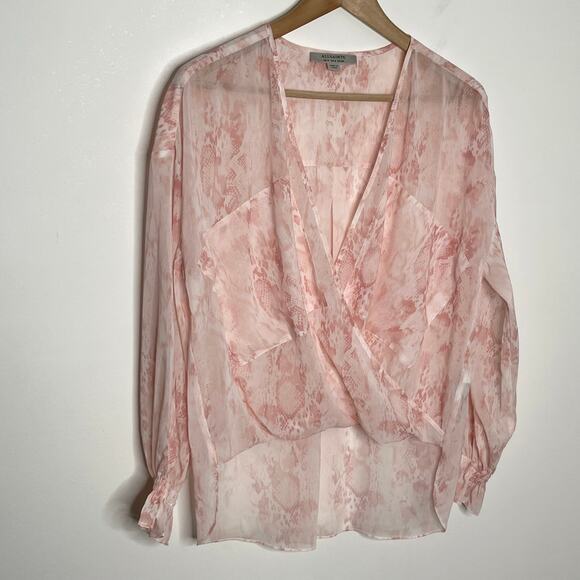 All Saints Womens Penny Masala Top 4 Pink Floral Snake Print Wrap Surplice Sheer - Picture 4 of 10
